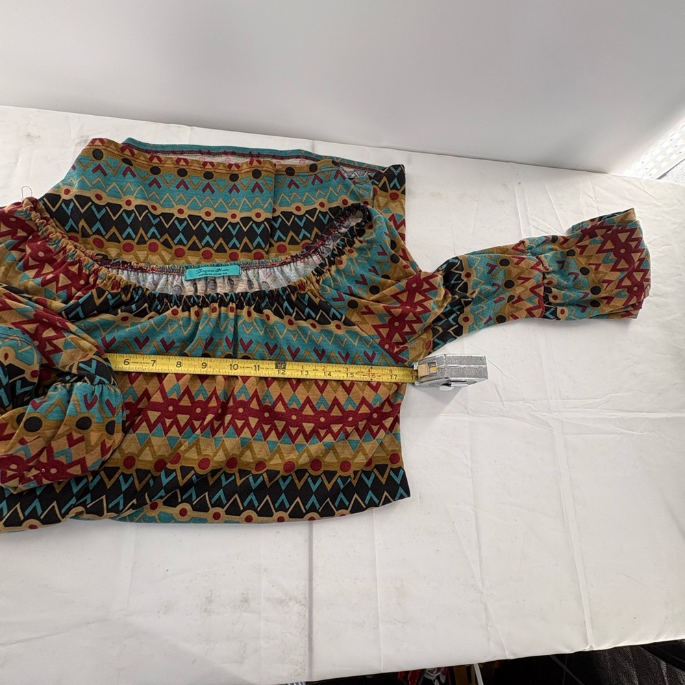Boho Off-Shoulder Patterned Tunic Top in Turquoise & Mustard Size M - Picture 6 of 10